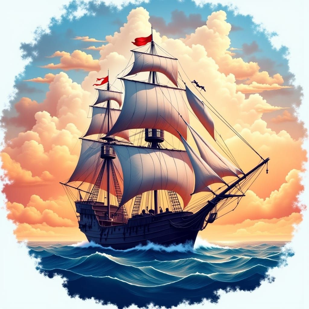 Sail Boat on Ocean Water in Painterly Style