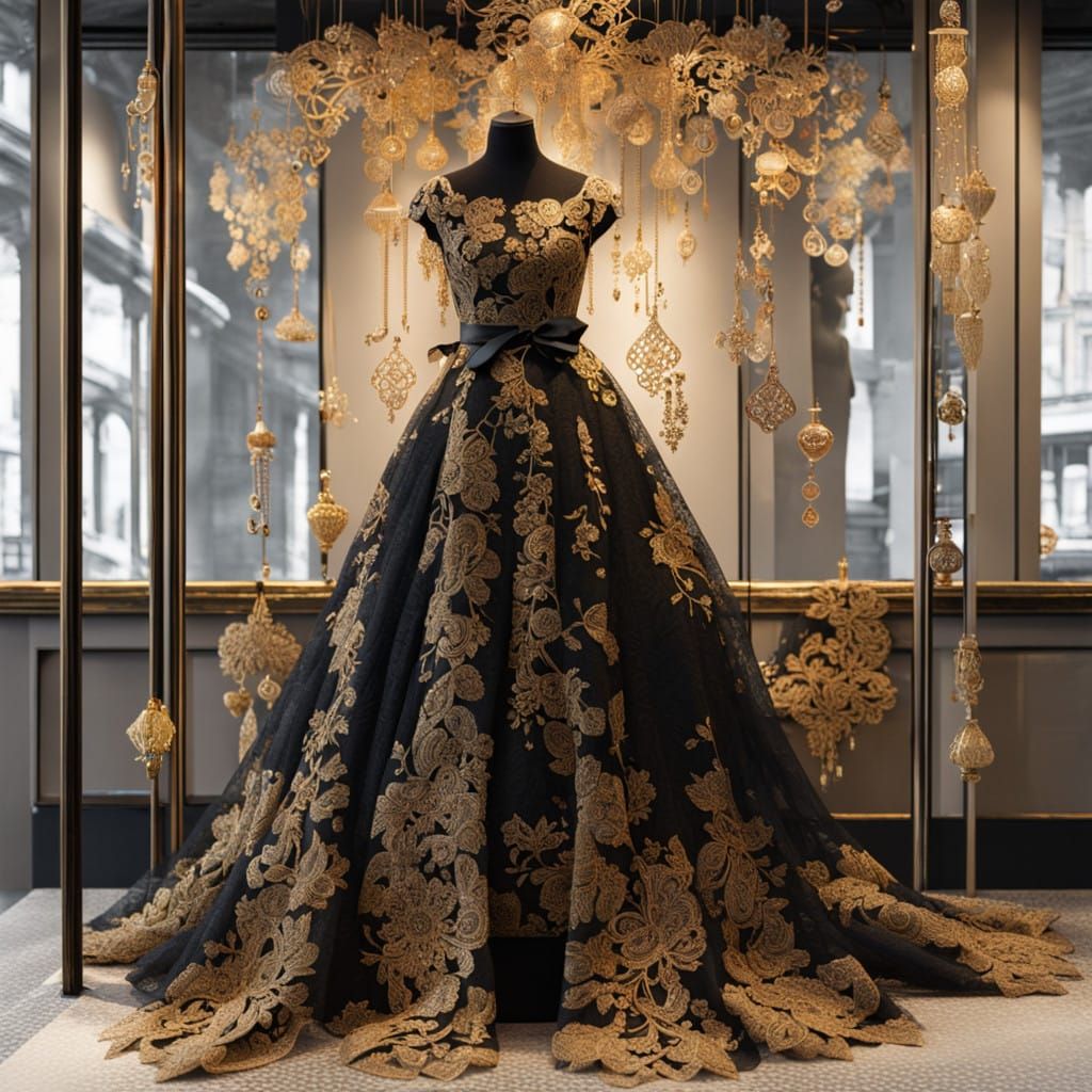 Golden Lace Gown in Whimsical Shop Window