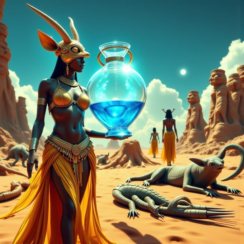 Regal African Woman Approaches Desert Oasis with Mystical Pr...