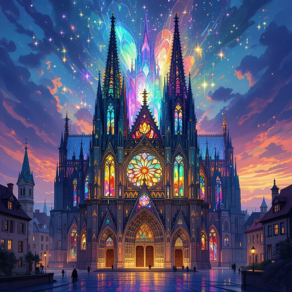 Stained Glass Cathedral Radiates Gemstone Light Over Medieva...