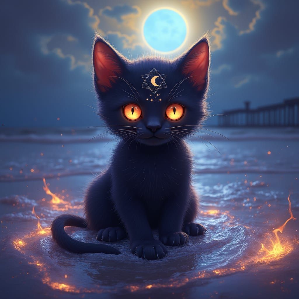 Mystical Kitten with Moon and Lightning Symbols