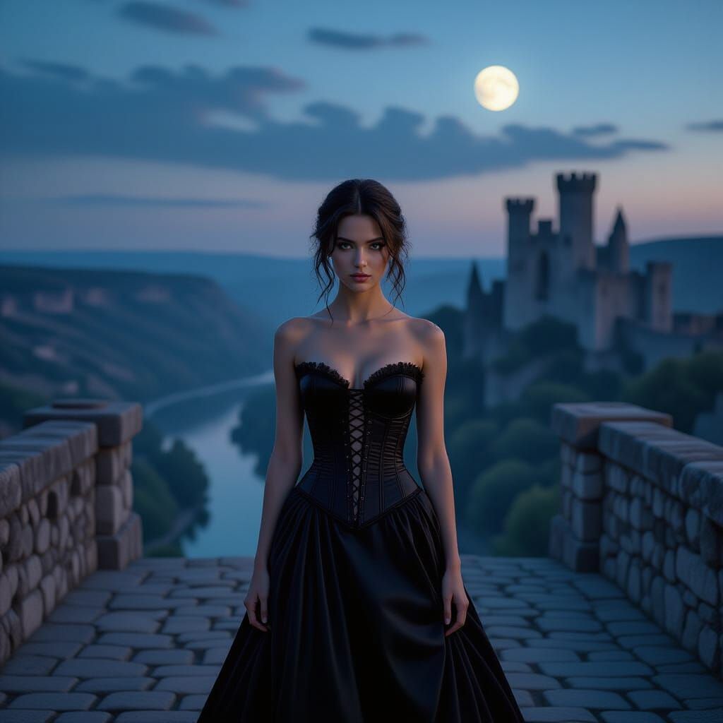 Pale Woman in Black Corset on Ancient Bridge