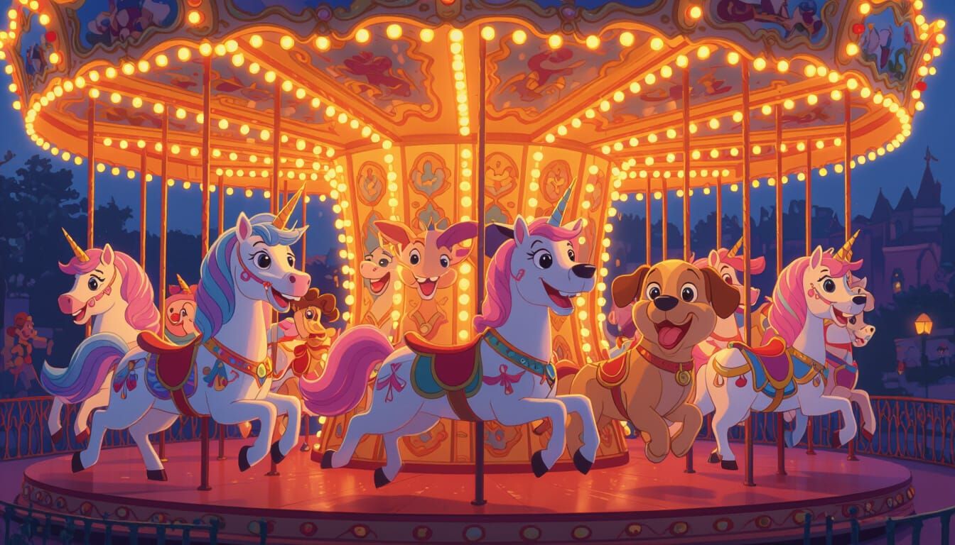 Vibrant Disney-Style Carousel with Unicorns and Dogs