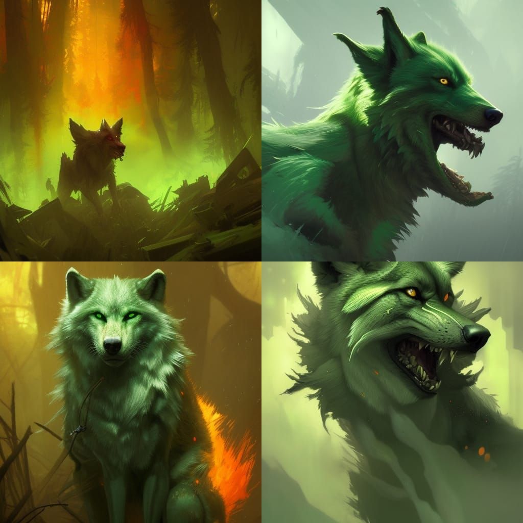 Scary Green Wolf Concept Art in 8K