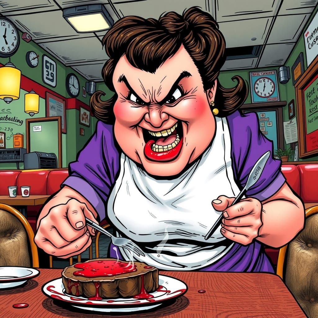 A frazzled woman, flushed complexion, and a noticeable double chin, wearing a bright purple, short-sleeved diner uniform...