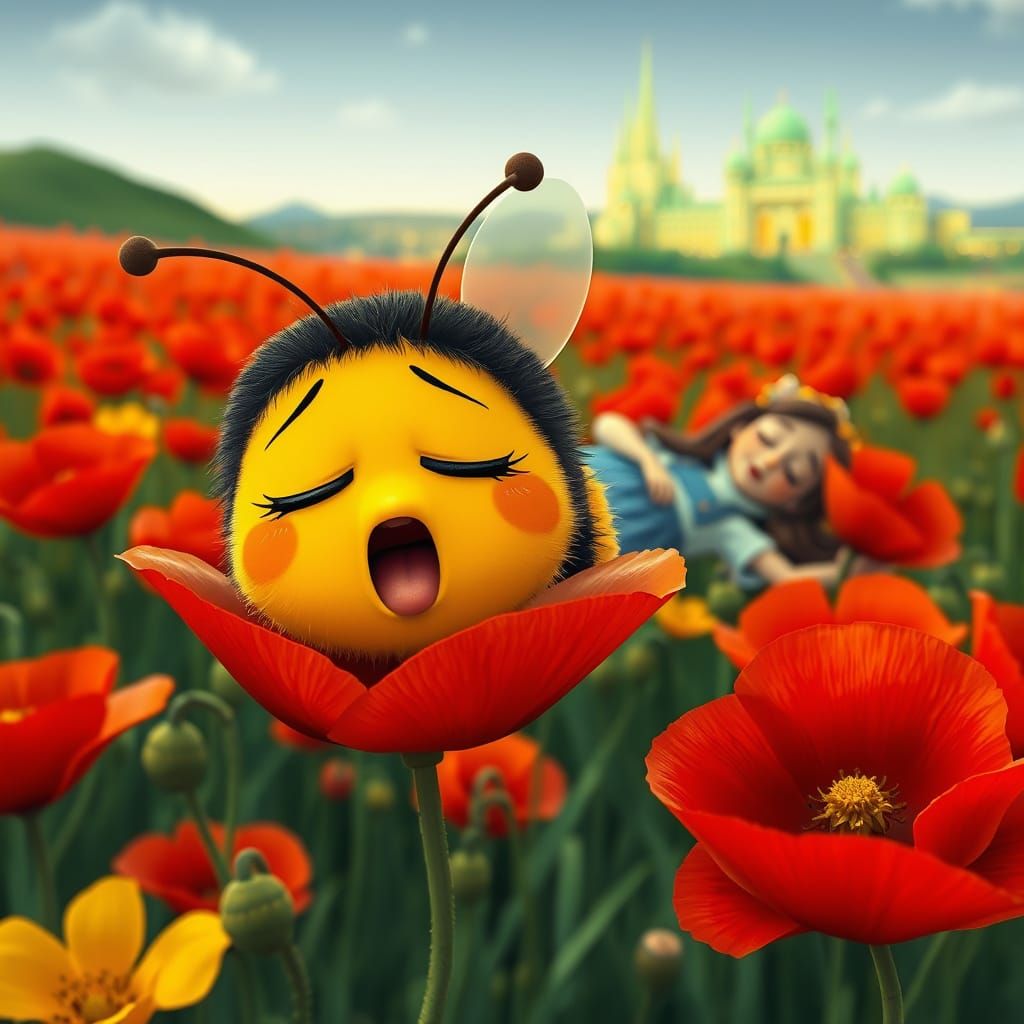 Make a princess rose sleeping in bed. There are roses in the background and bees sleeping in the flowers.