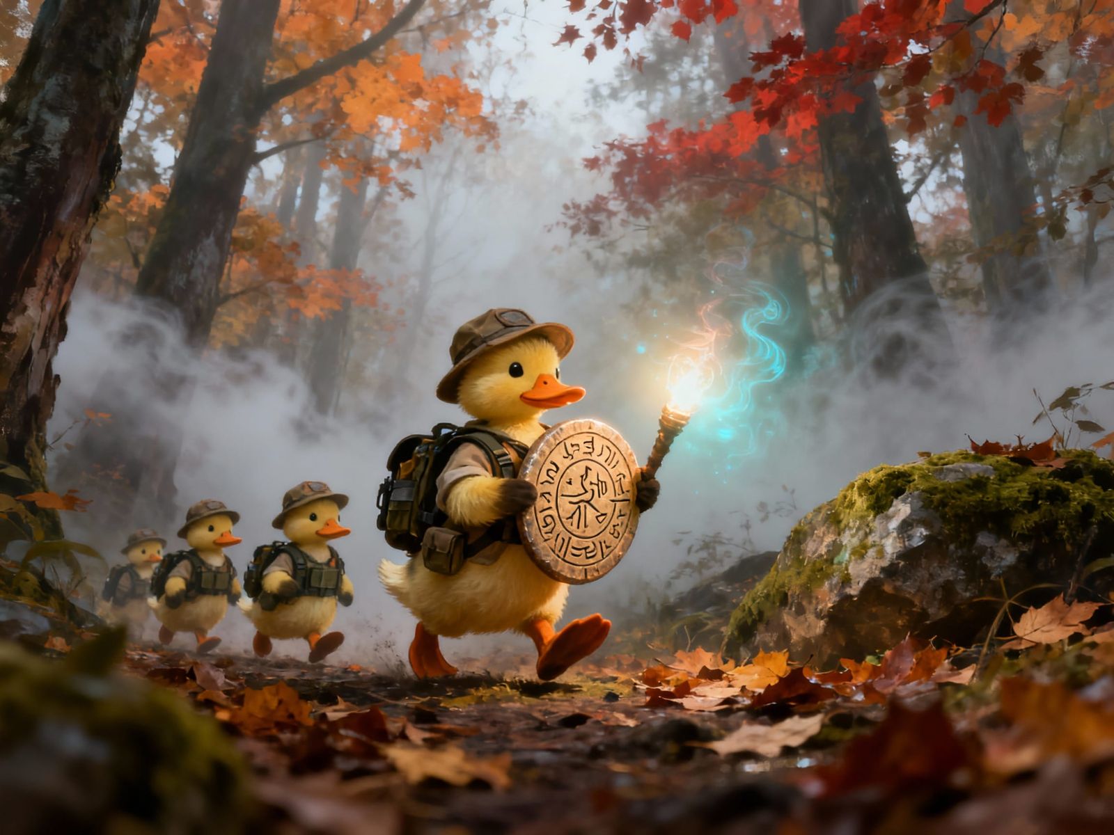 Cute Duckling Explorers in Foggy Autumn Forest