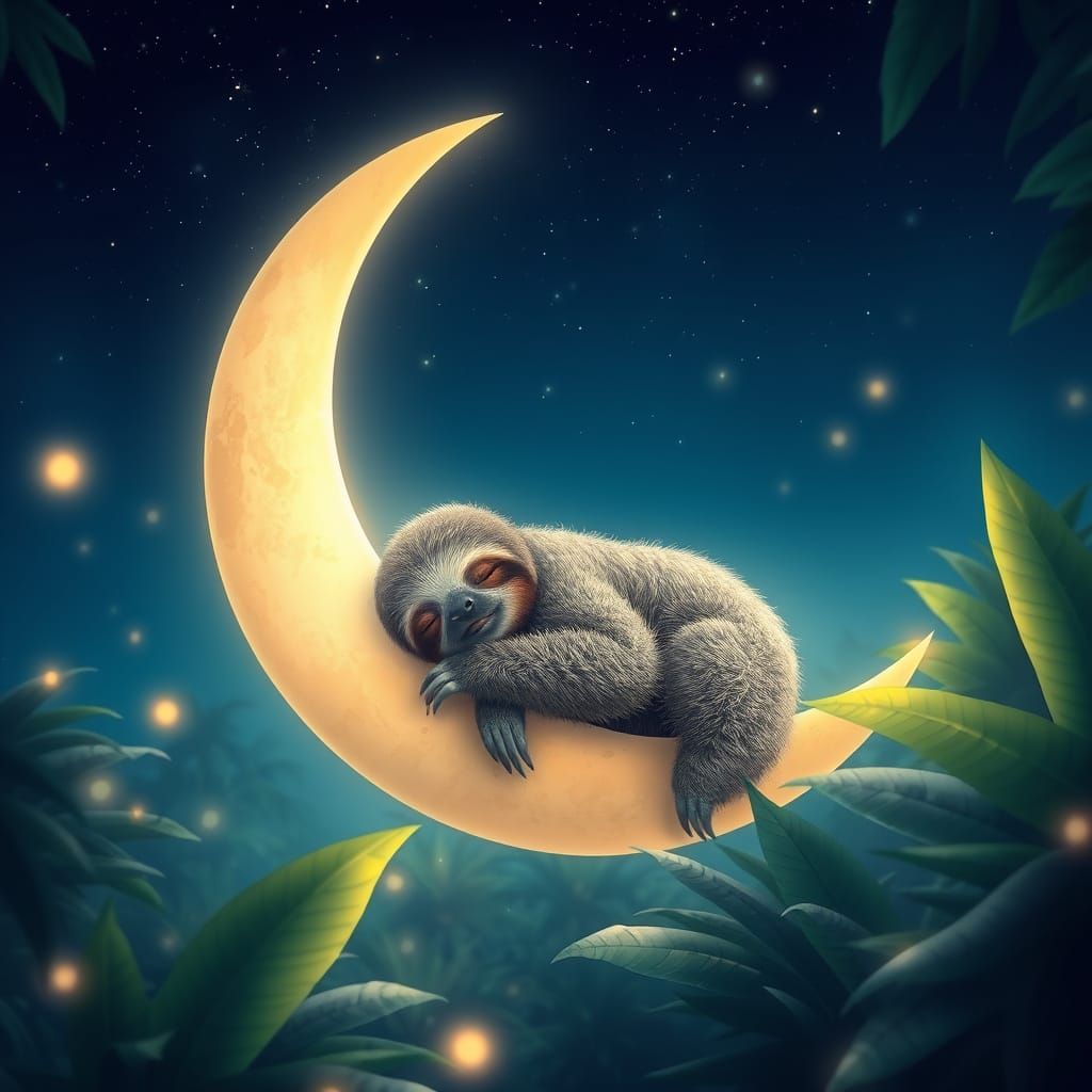 Gentle Sloth on Moonlit Crescent in Starry Rainforest