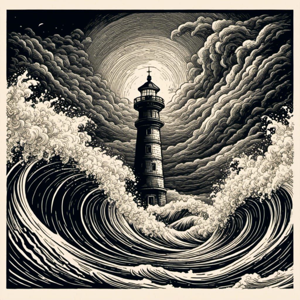 Dramatic Linocut Print of Lighthouse Under Storm