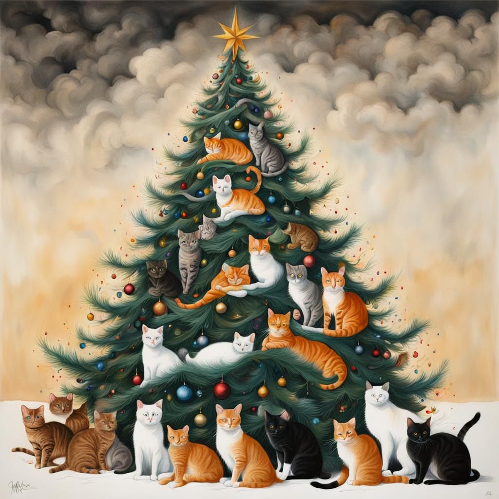 Surreal Christmas Tree of Cats in Ink Wash Style