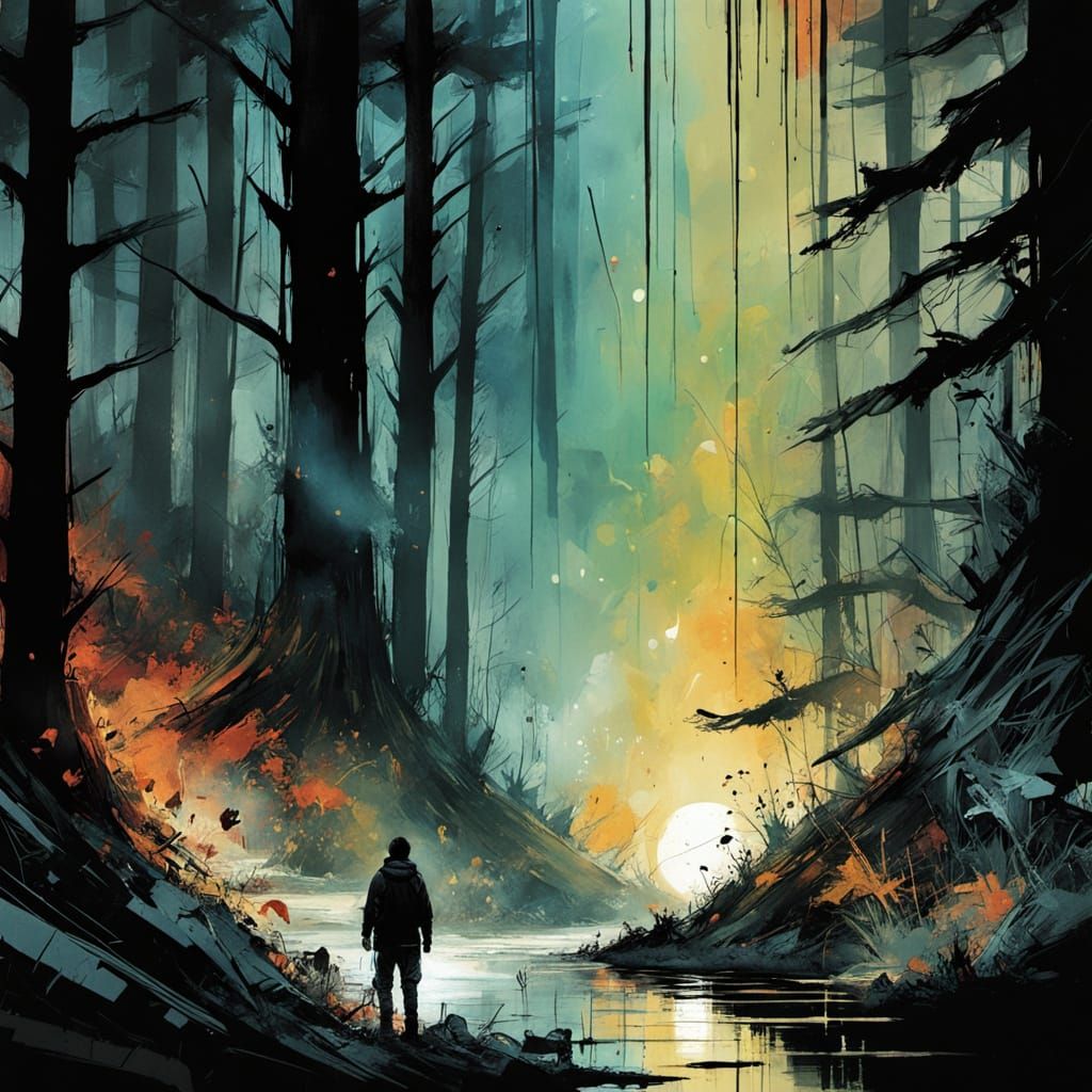 Forest Path Illuminated by Flashlight Beam