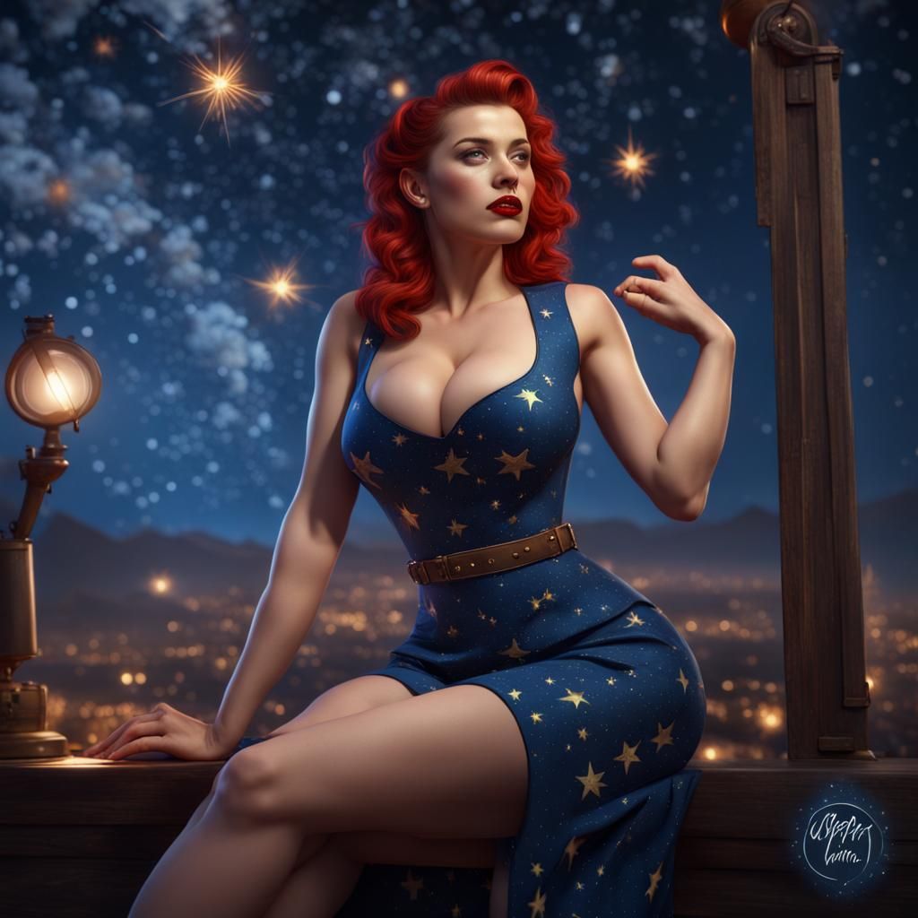 Hyperrealistic Pinup Girl in Starry Night Concept Art