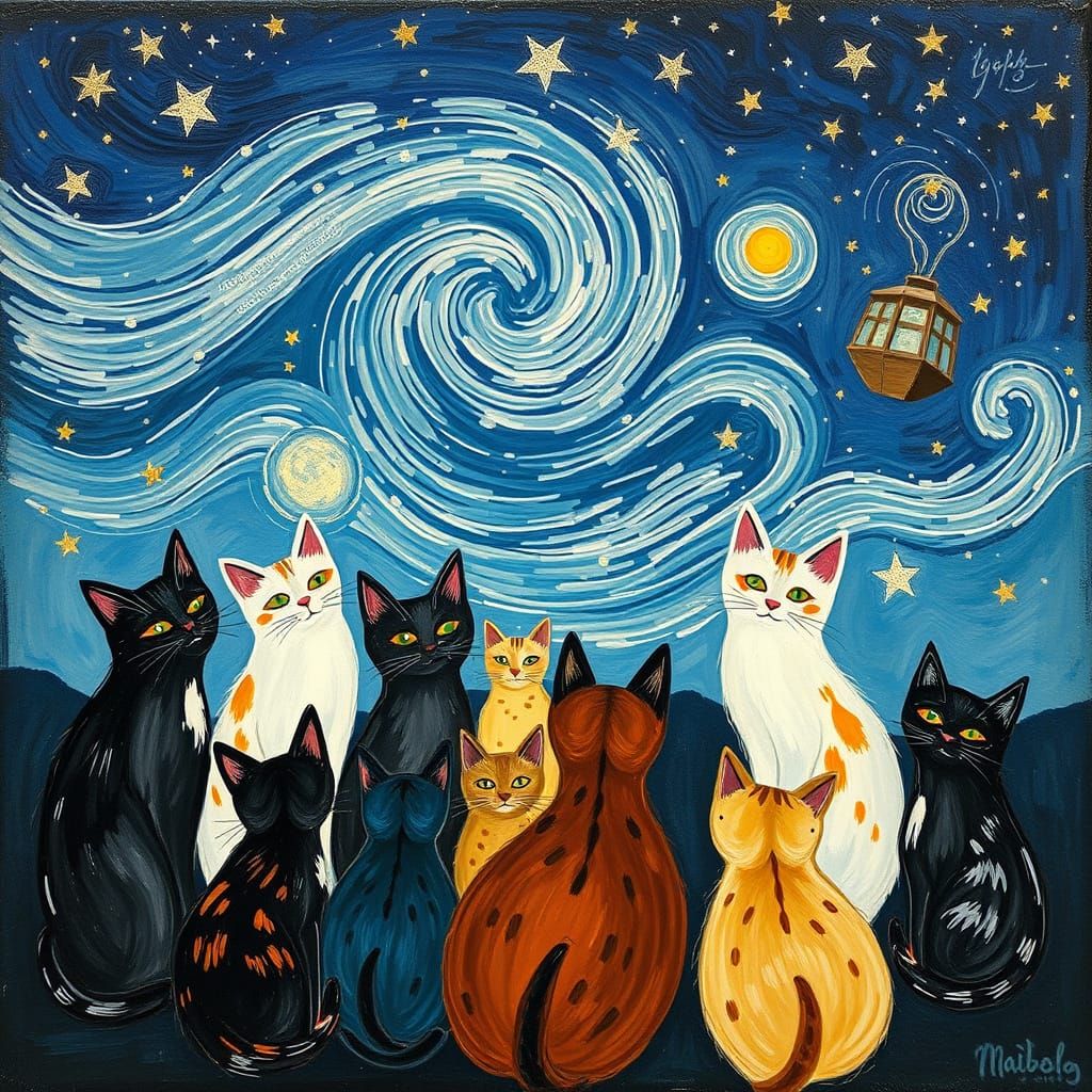 Whimsical Cats Under Starry Night Sky in Minimalist Style
