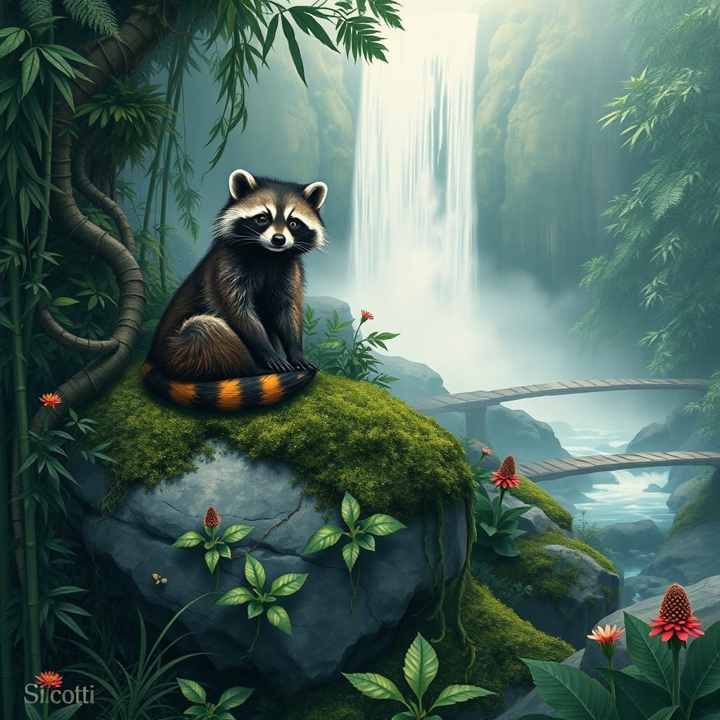 Serene Jungle Raccoon in Hyper-Realistic Japanese Woodcut St...