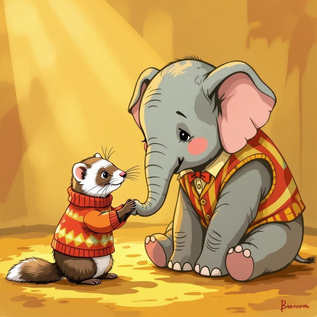 Curious Ferret and Sad Elephant, Whimsical Style