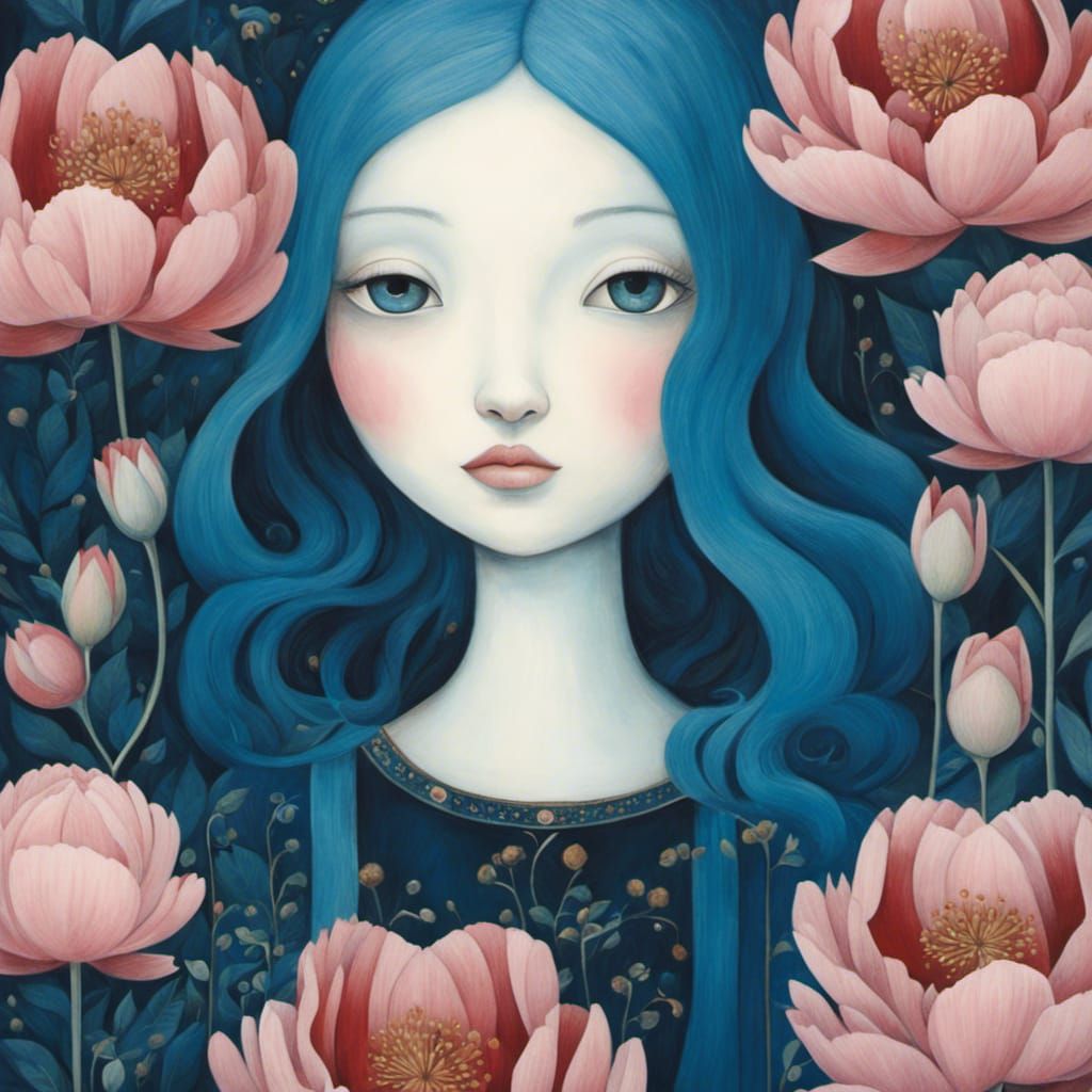 Blue Girl with Peonies in Art Brut Style