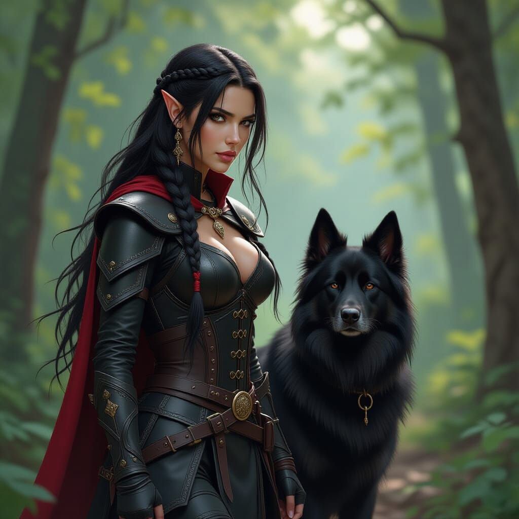 Elven Ranger and Dog in Forest, Hyperrealistic Splash Art