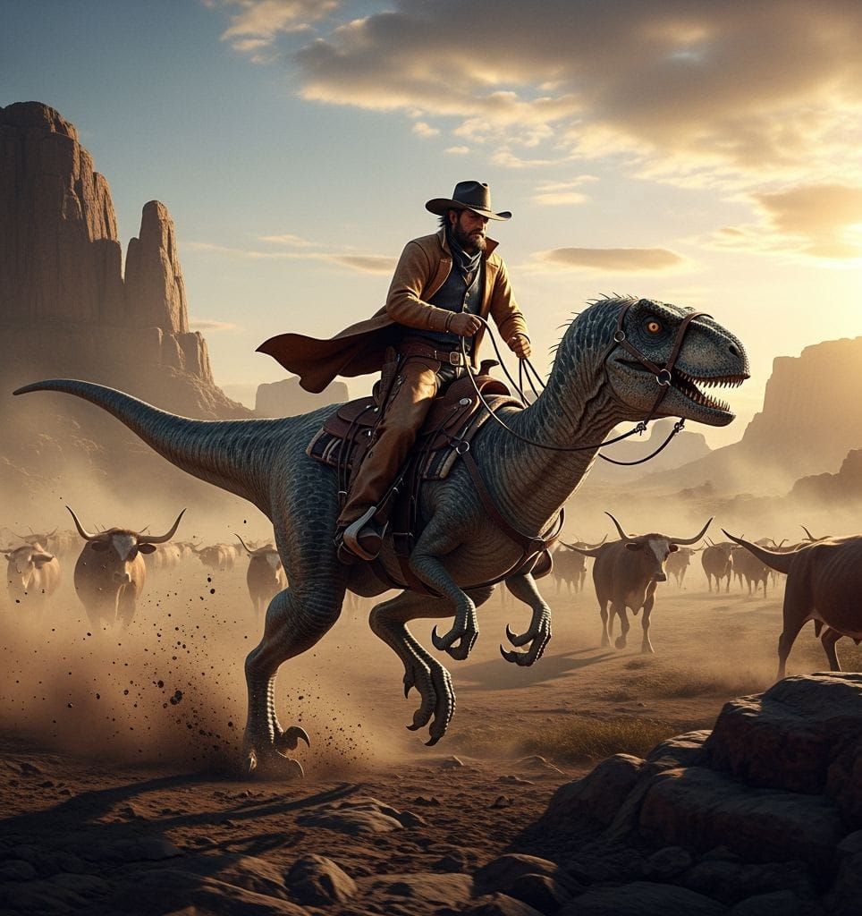 Cowboy Rides Velociraptor Herding Cattle at Sunset