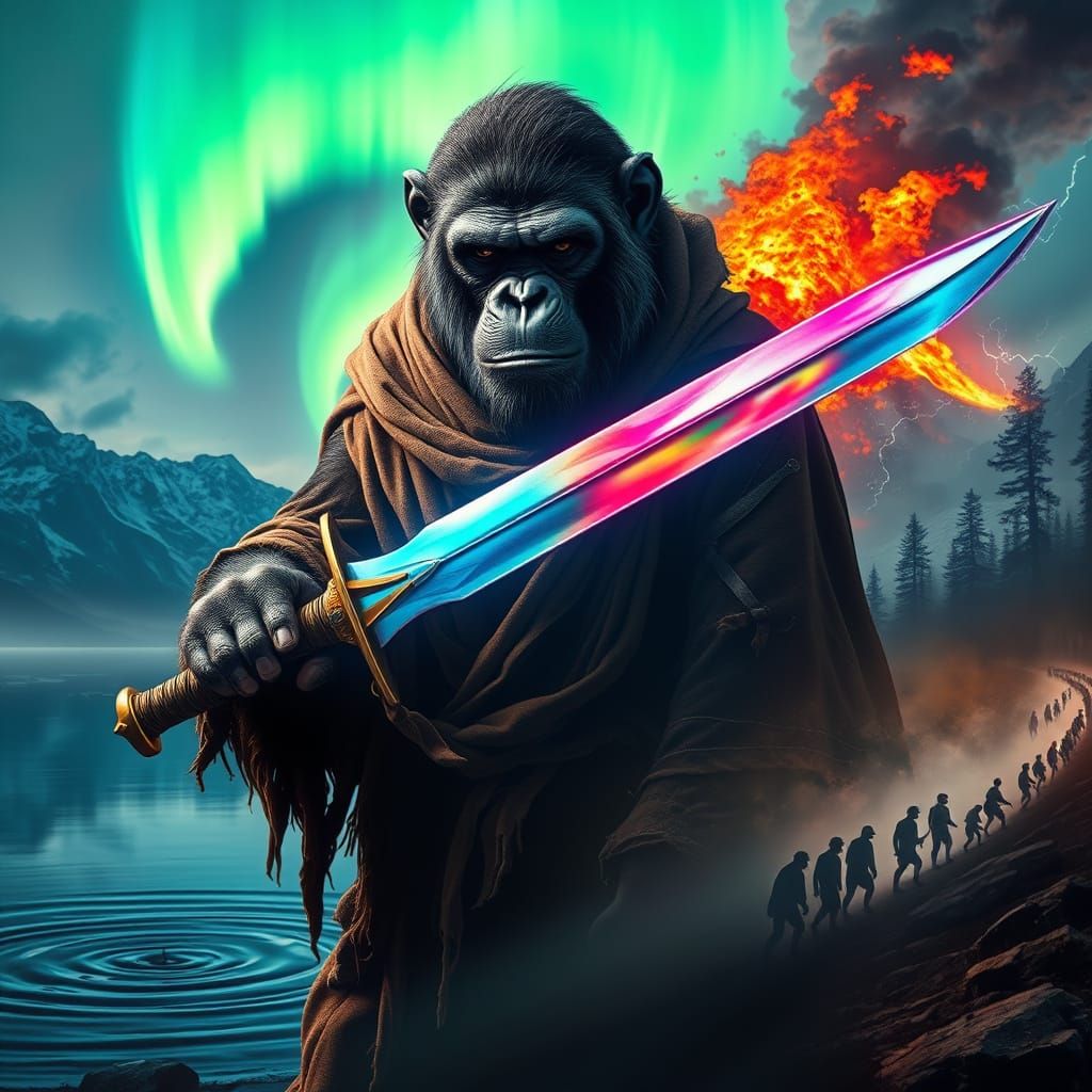 Ape Wields Sword of Elements in Epic Landscape