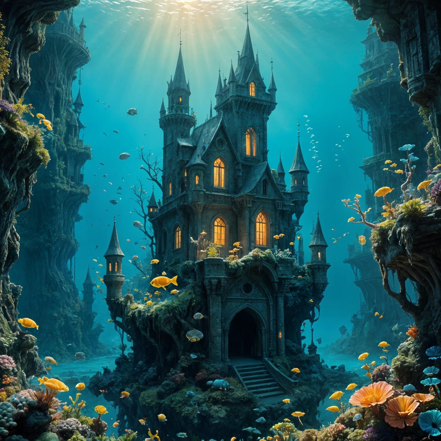 Underwater Castle in Dreamlike Surrealist Architecture