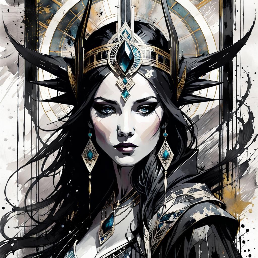 High Priestess Tarot Card in Washed Ink Style