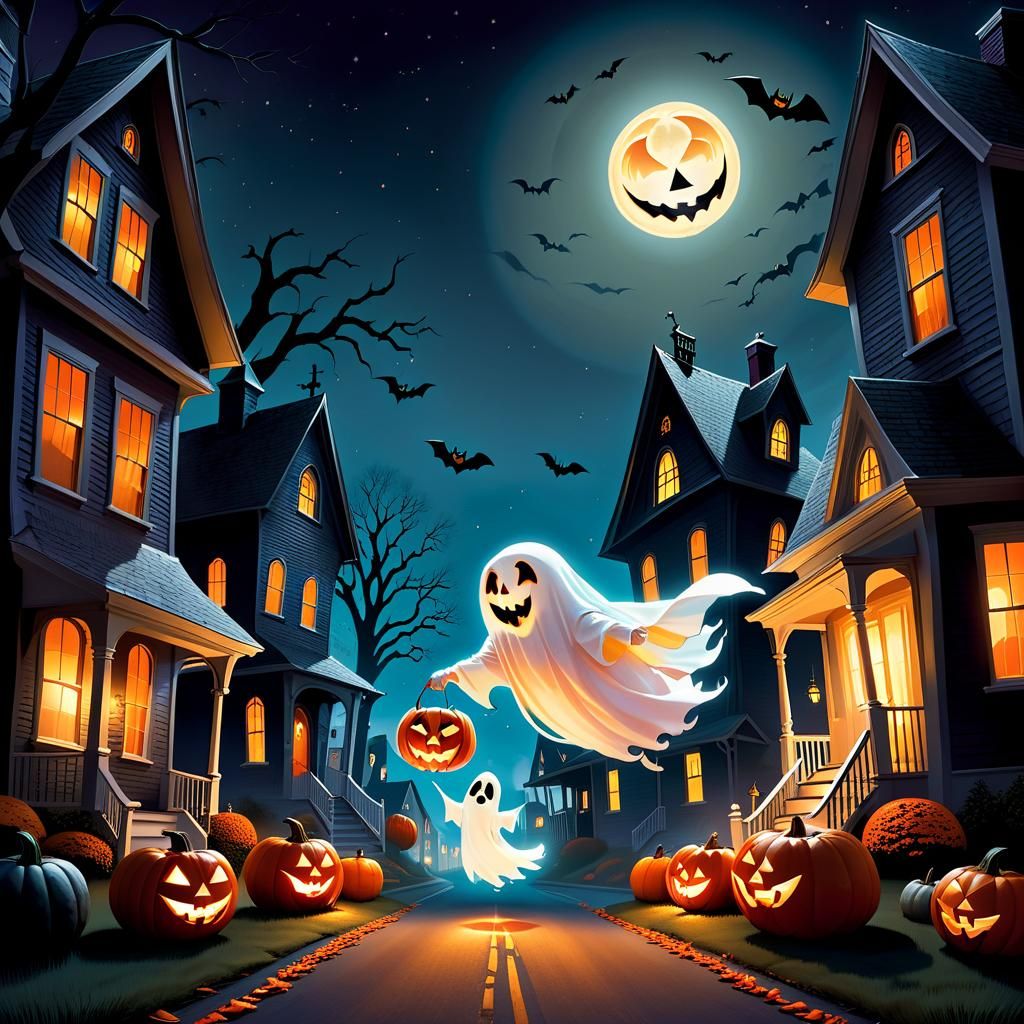Cute Ghost Floats on Halloween: Whimsical Illustration