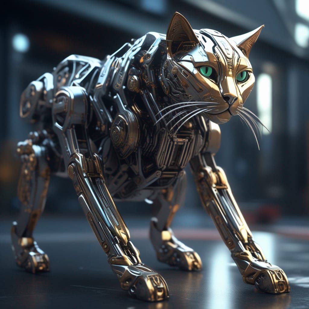 Feral Cat Mech Ground Shot in Sci-Fi Style