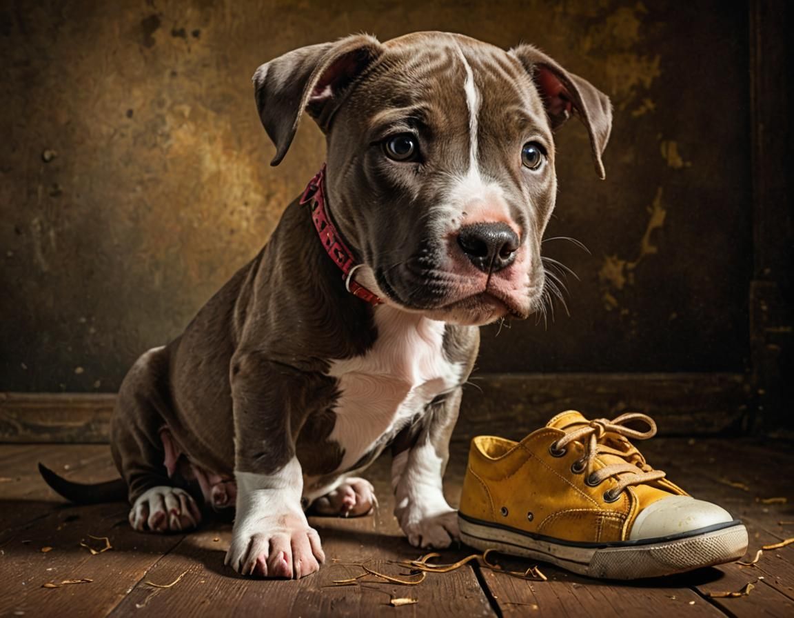 Hyperrealistic Pit Bull Puppy Chewing Shoe