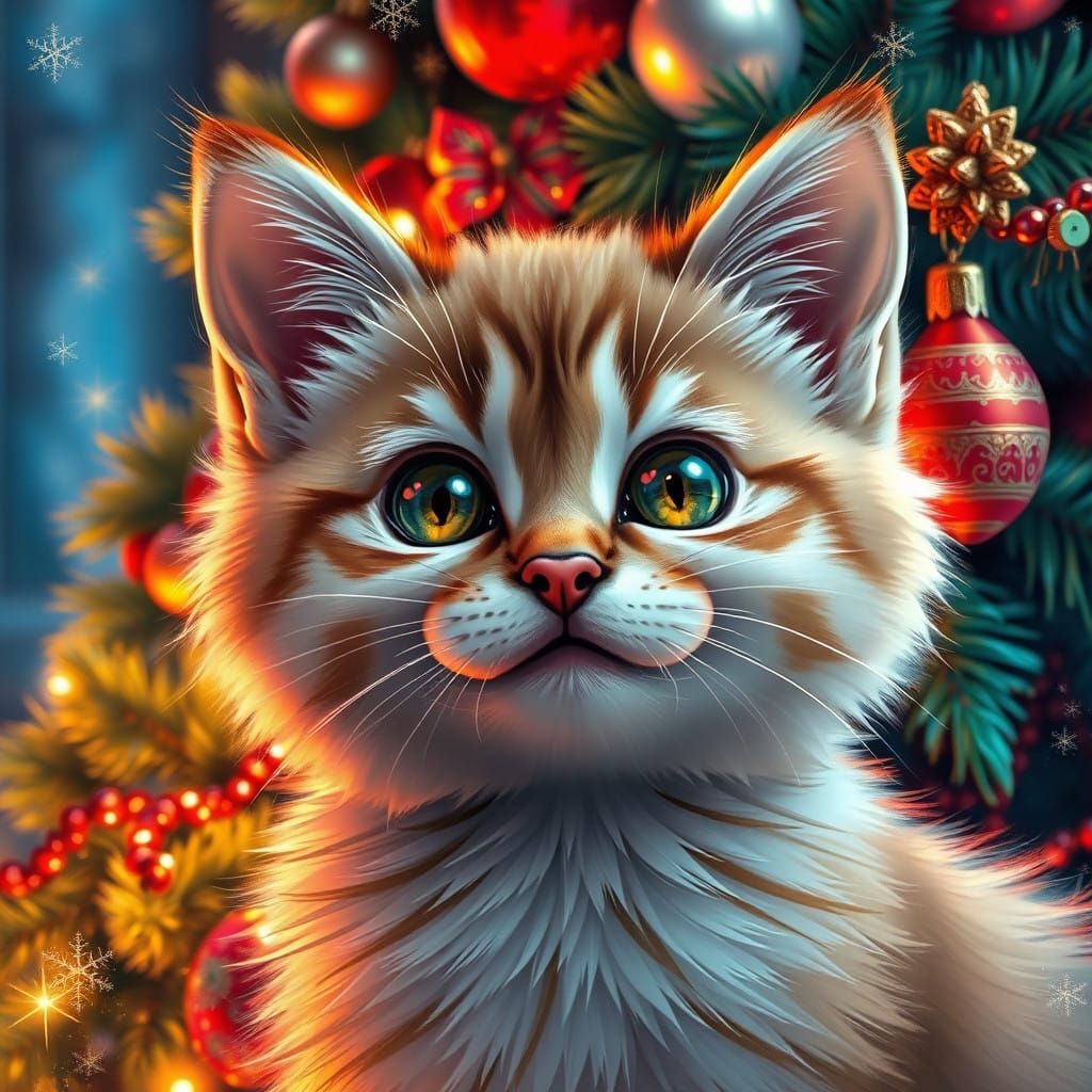 Hyper-Realistic Christmas Cat Cub Portrait