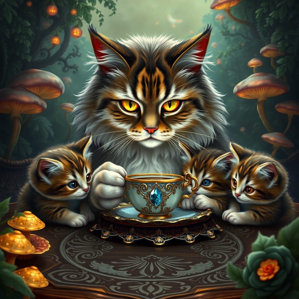 Whimsical Feline Cafe Scene in Fantasy Art Style