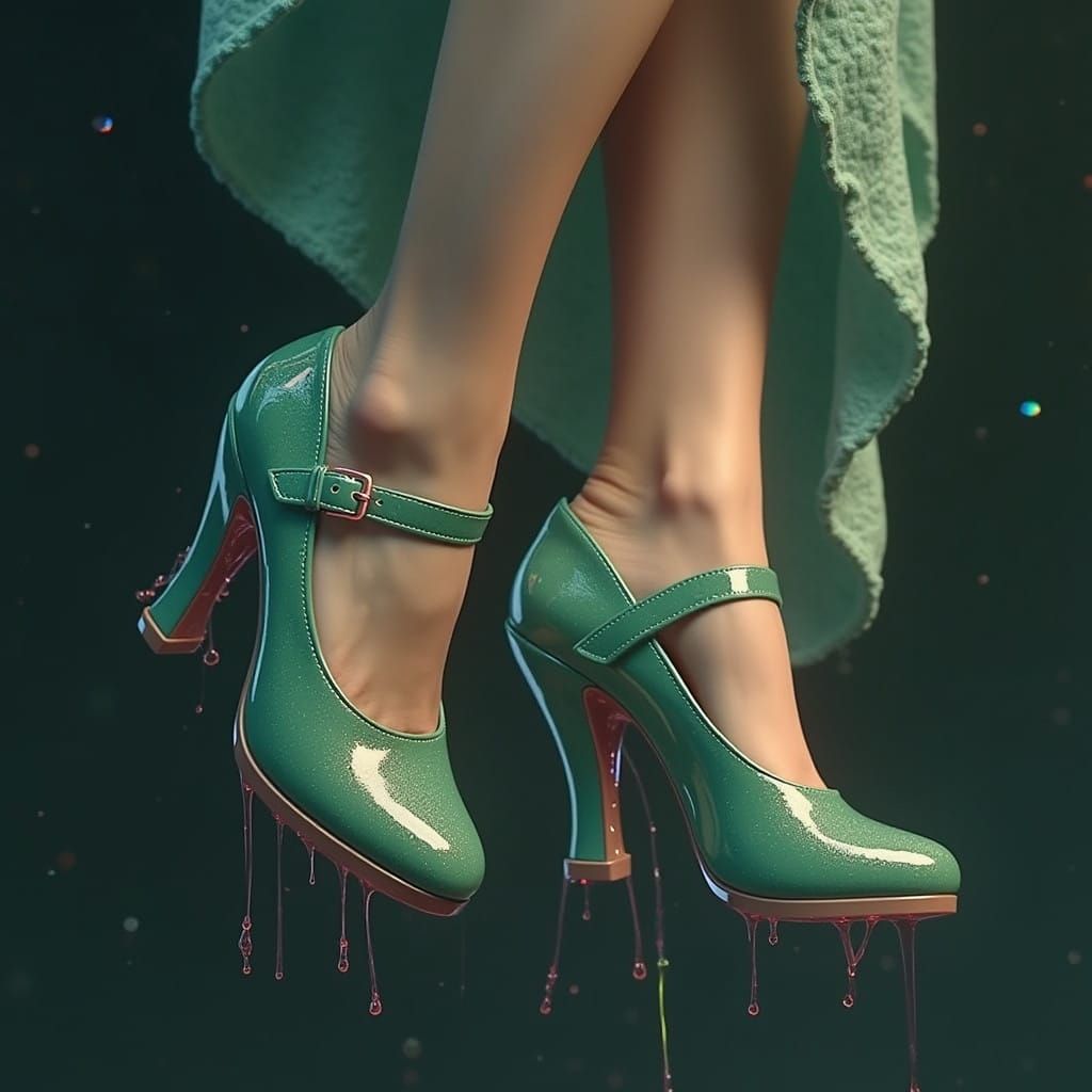 Woman's Feet Suspended by Glue in Vibrant Green Mary Janes