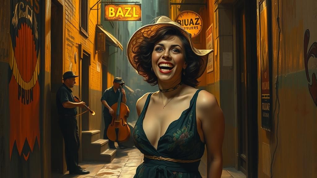 Woman and Jazz Band in Alleyway Oil Painting