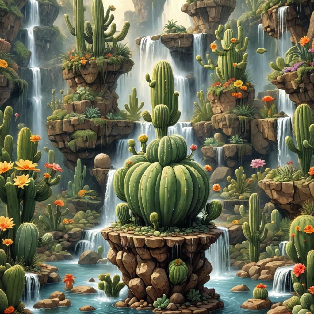 Surreal Fountain Scene with Talking Cactus, Digital Art