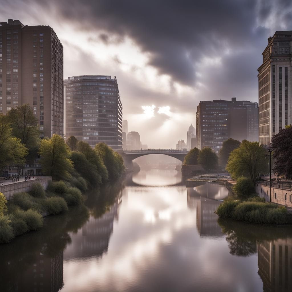Mystical Cloud Over Smoky River in City