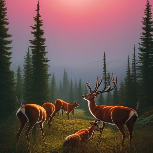 Deer Grazing in Dreamlike Forest Clearing