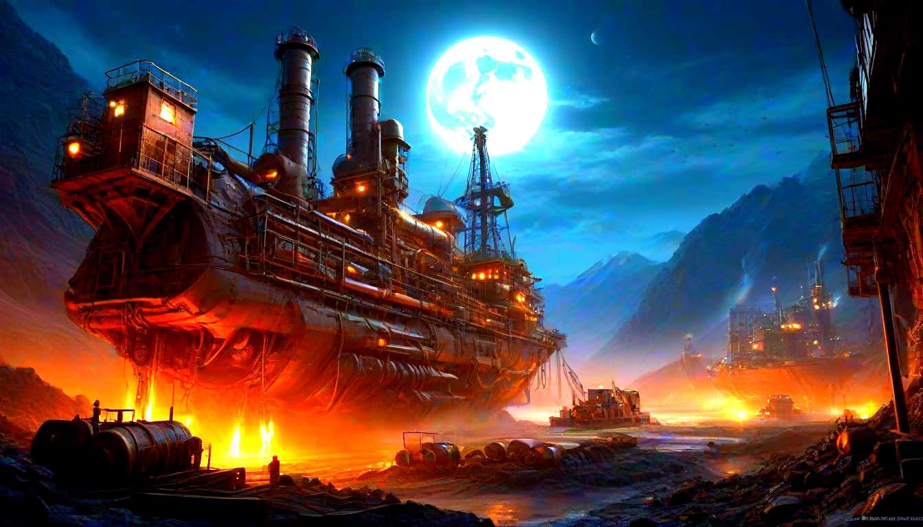 Industrial Steampunk Mining Operation on a Barren Planet