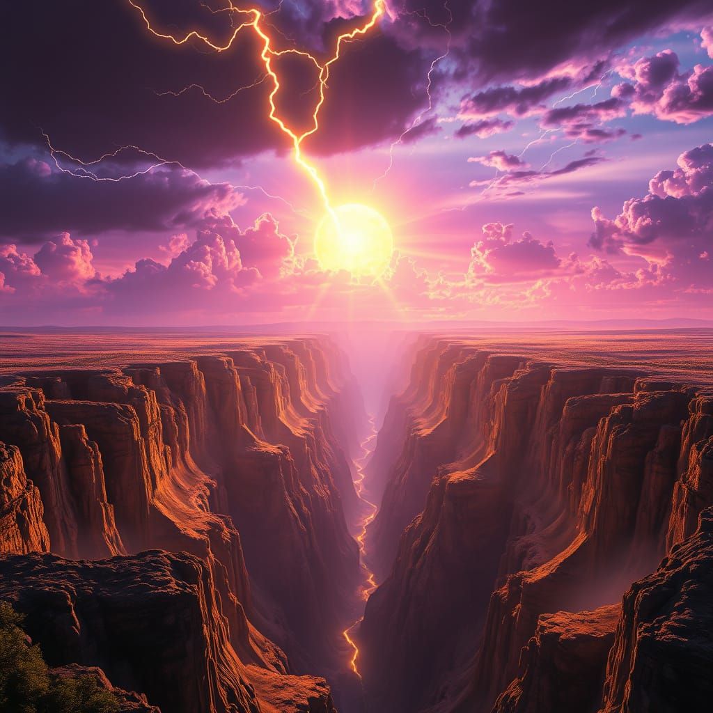 Dark Fantasy Lightning Bolt Ravine at Sunset