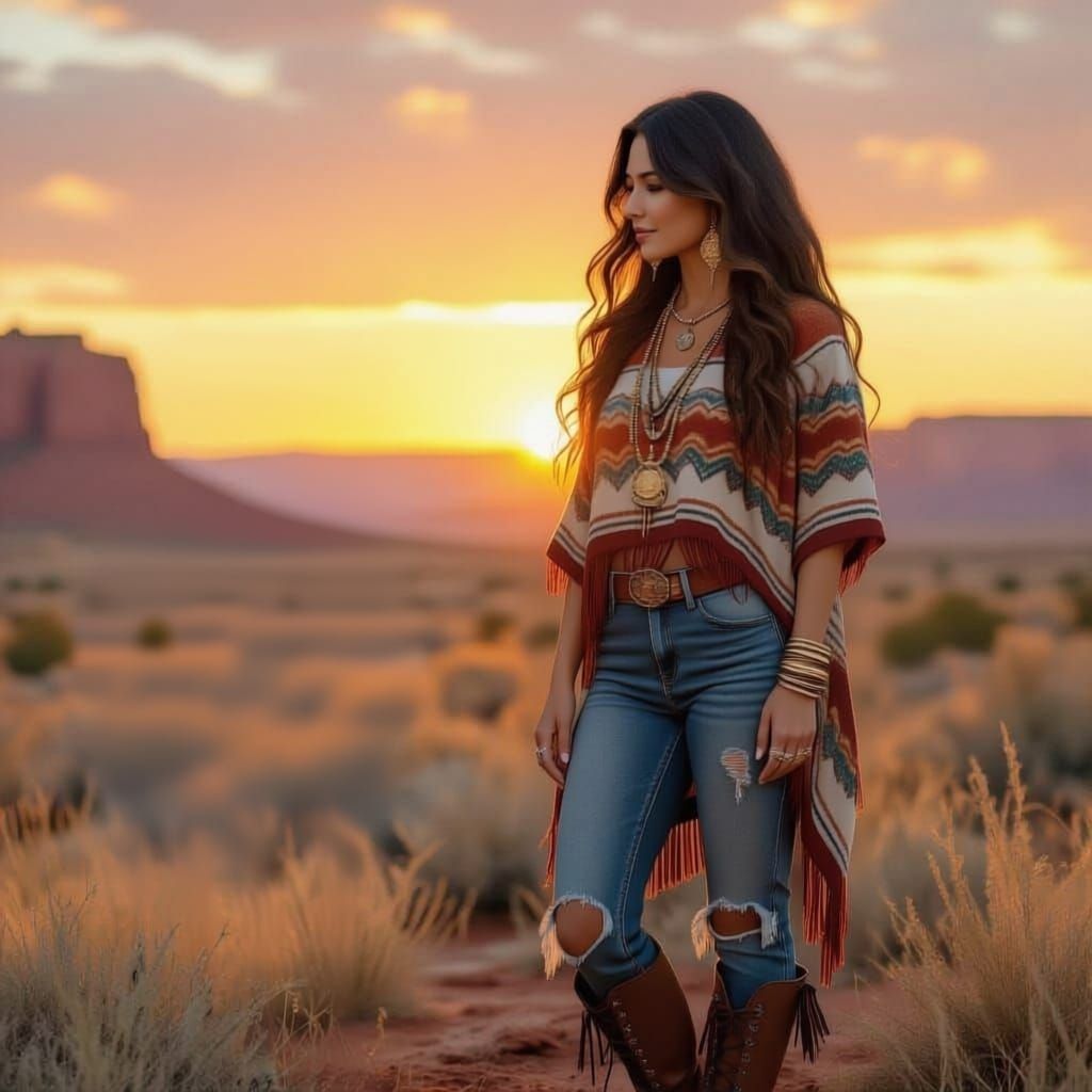 Woman with Buck in Southwestern Desert Scene