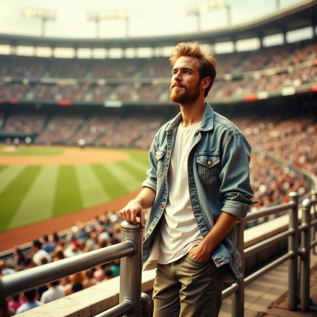 Contemplative Man at Baseball Stadium in 90s Style