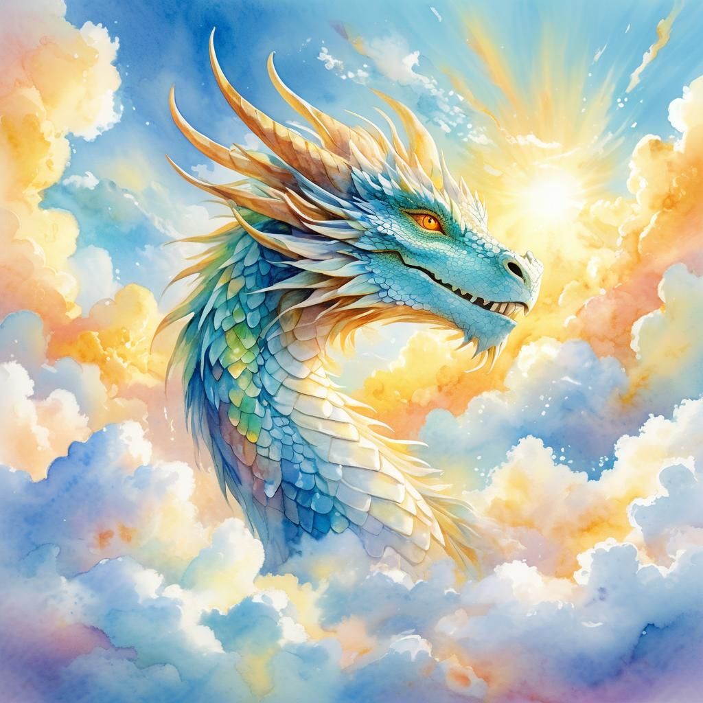 Dreamy Watercolor Dragon Ascends from Clouds