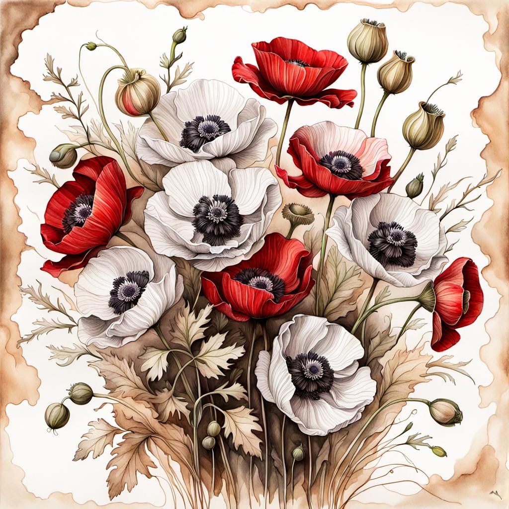 Botanical Ink Drawing of Red and White Flowers