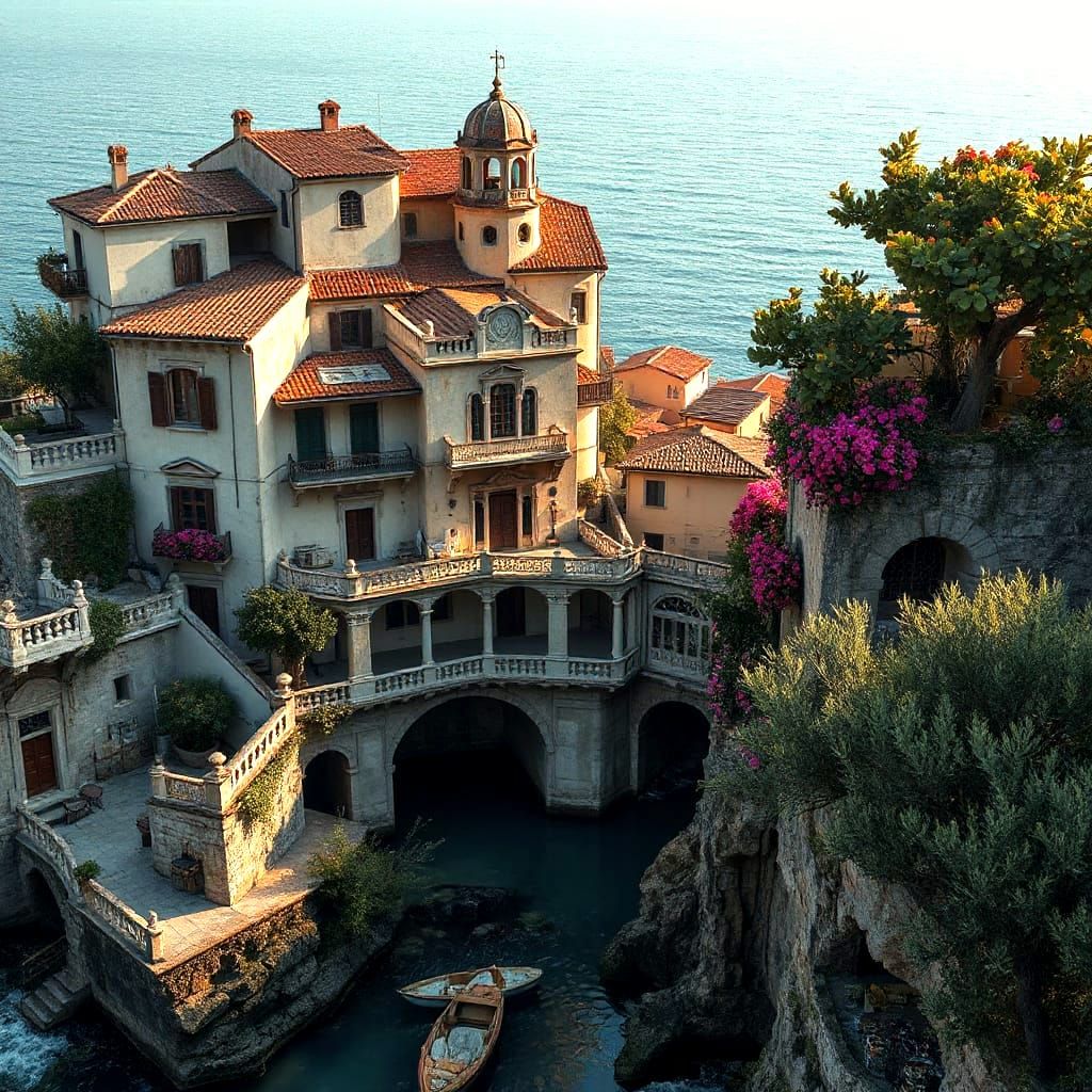 Romanesque Seaside Town with Volumetric Lighting