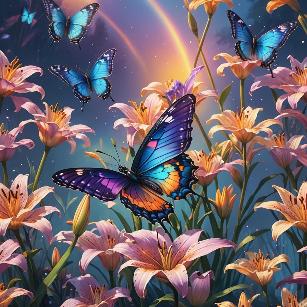 Radiant Butterfly on Lily with Rainbow