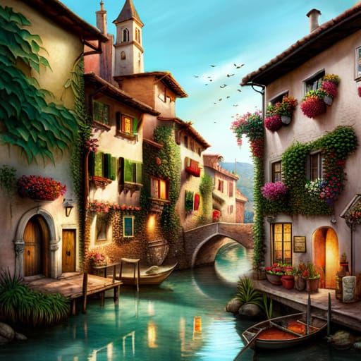 Lush Italian Riverside Village in Detailed Matte Painting