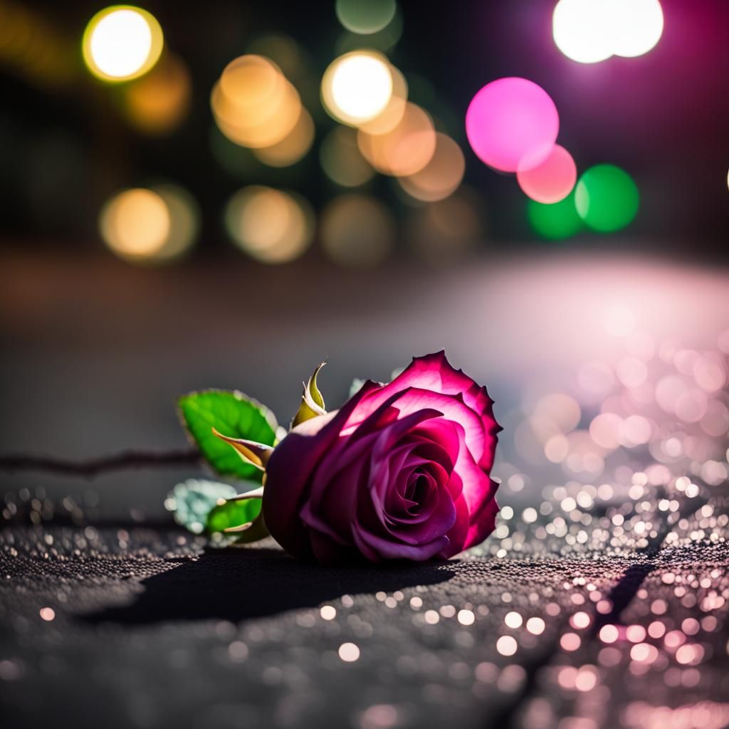 Black Rose Blooms Under Streetlights