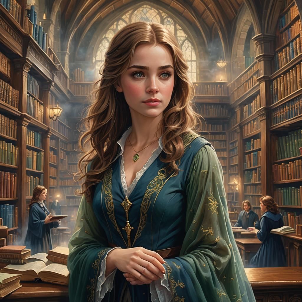 Ravenclaw Girl in Hogwarts Library, Ethereal Fantasy