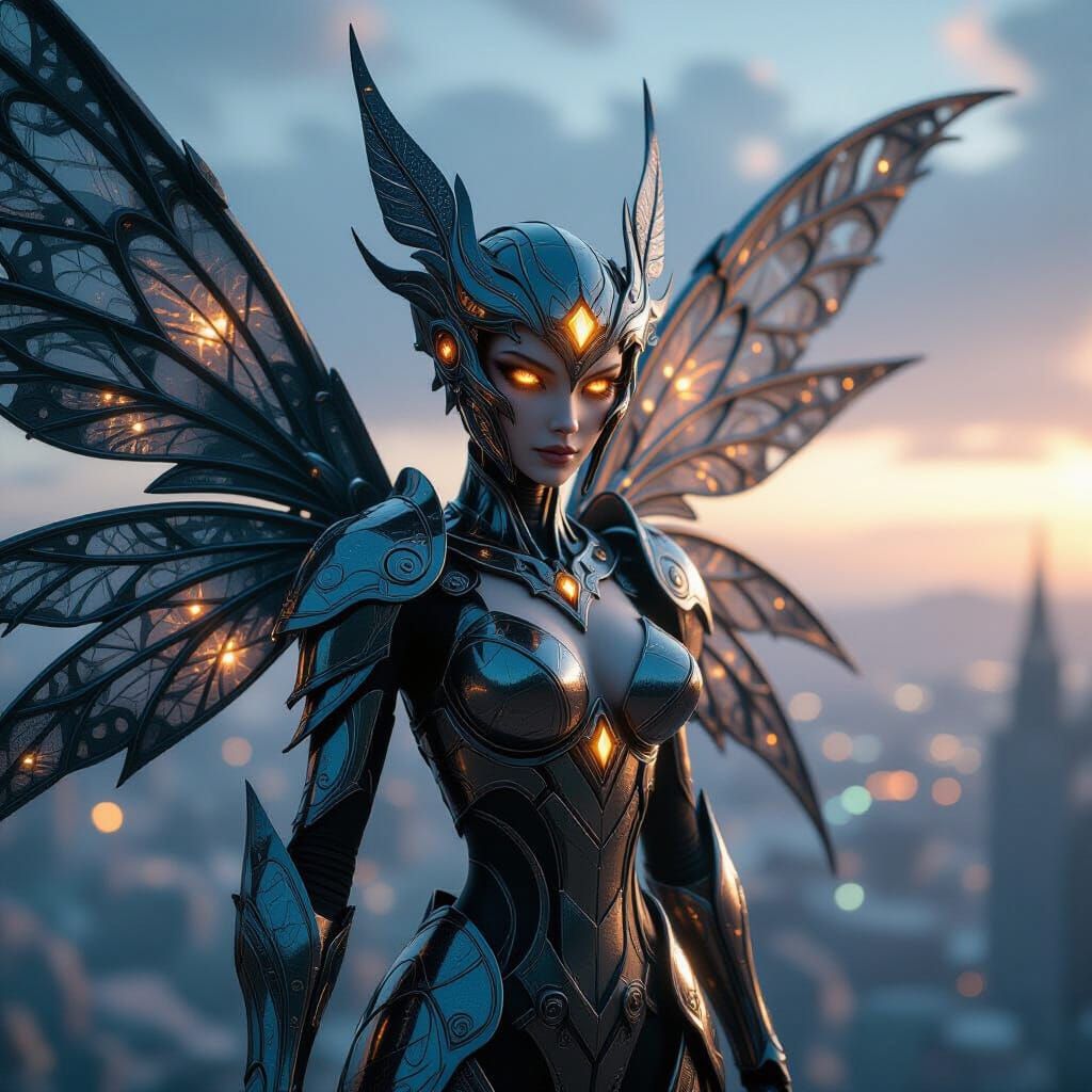 Mechanical Fairy with Metallic Wings in Sci-Fi Style