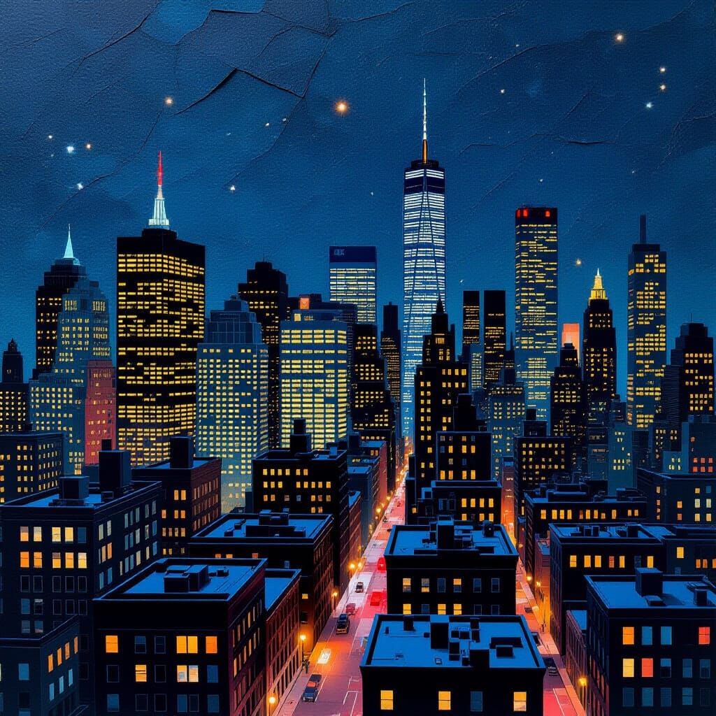 Layered Collage Art of a Detailed Nighttime Cityscape
