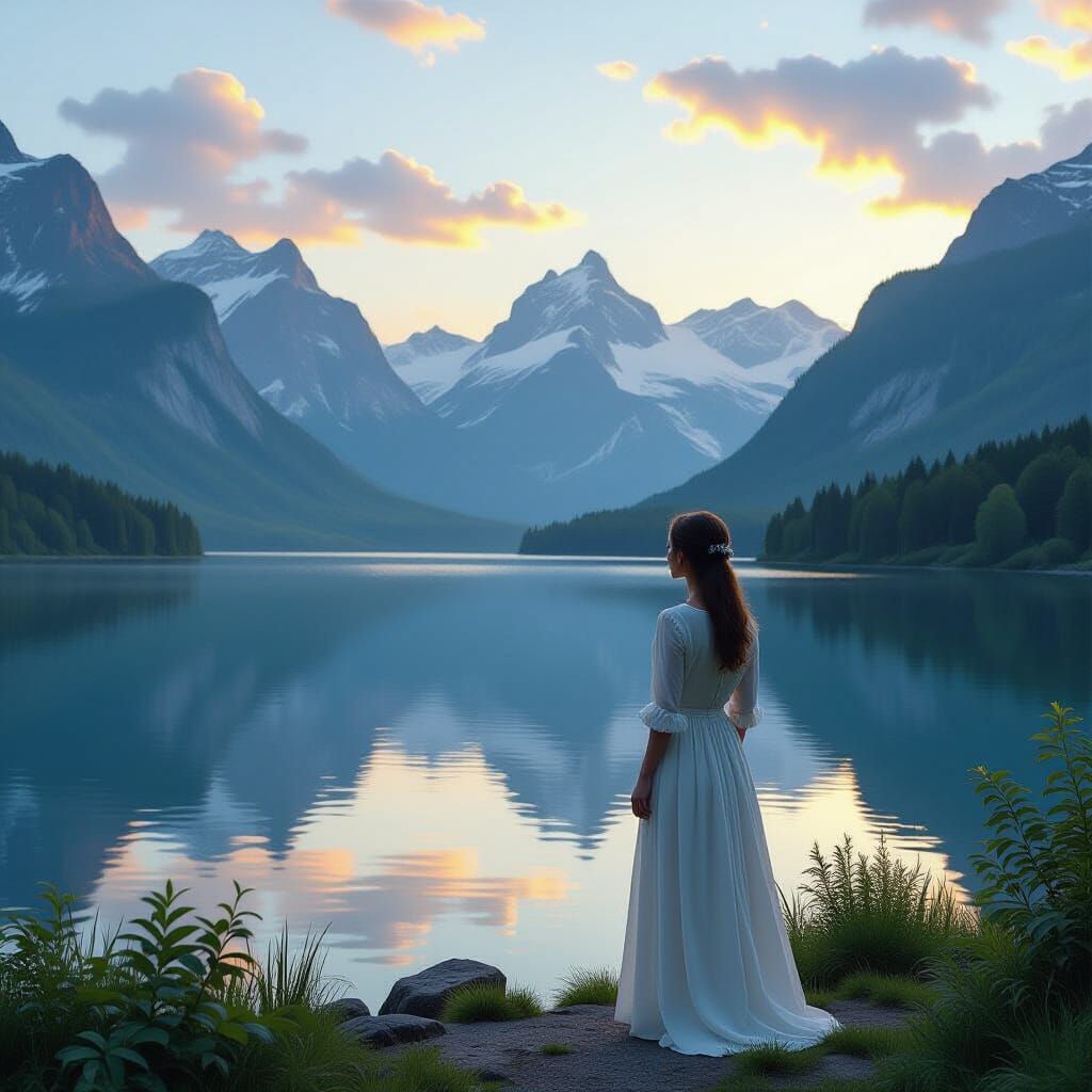 Serene Woman by Lake in Lush Landscape