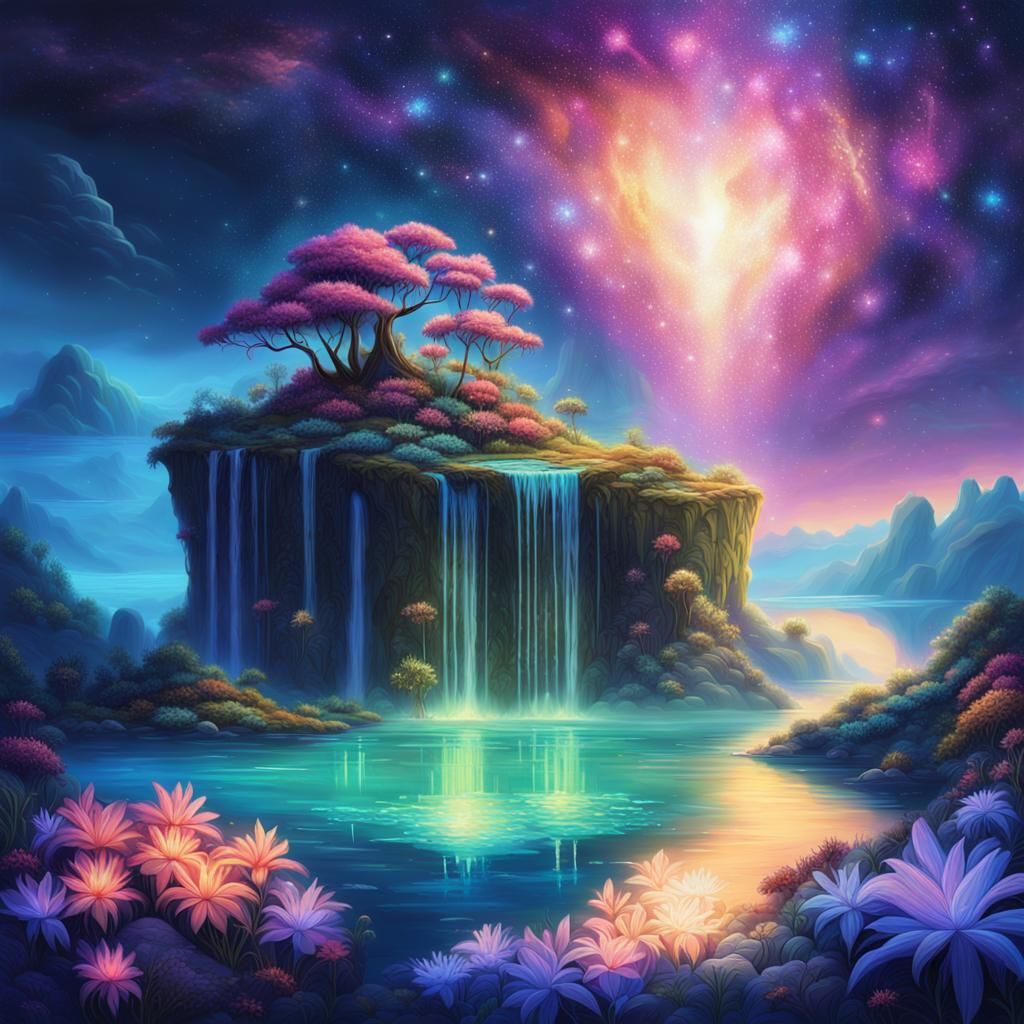 Floating Island with Stardust Waterfall in Dreamlike Style